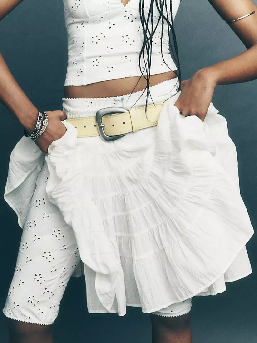 Tiered ruffle mini skirt with drawstring waist