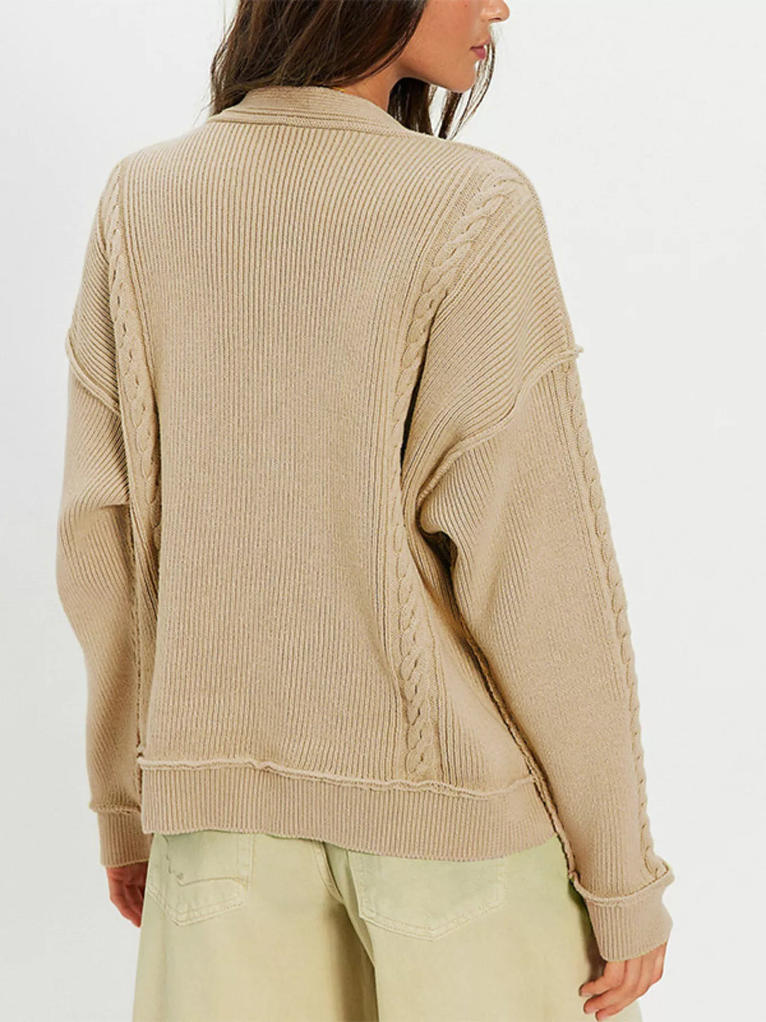 Double-breasted cable knit cardigan with raw hem