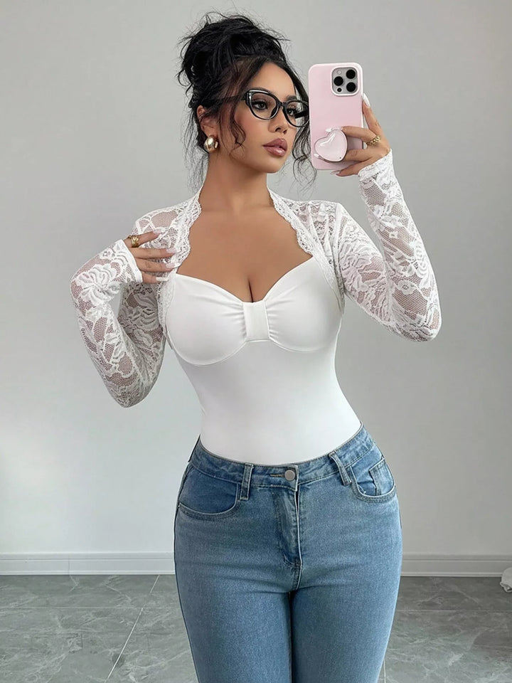 Sheer floral lace sleeve fitted top with sweetheart neckline
