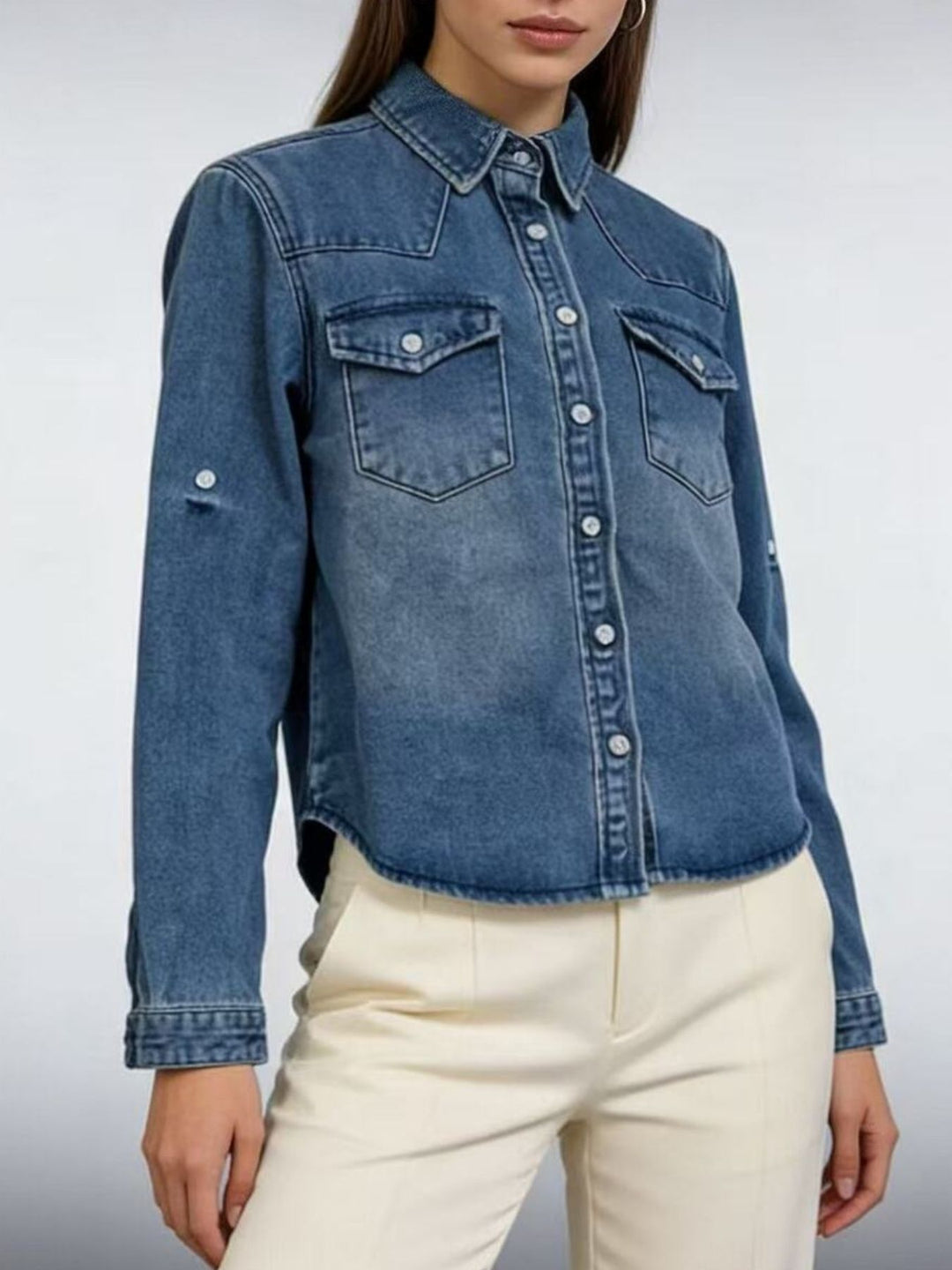 Western button-down denim shirt with flap pockets