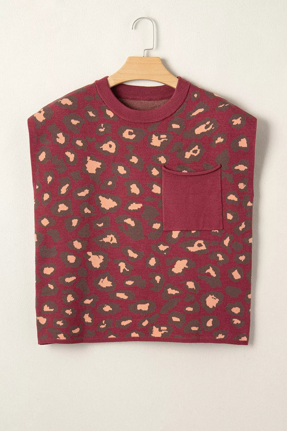 Leopard print cap sleeve knit top with chest pocket