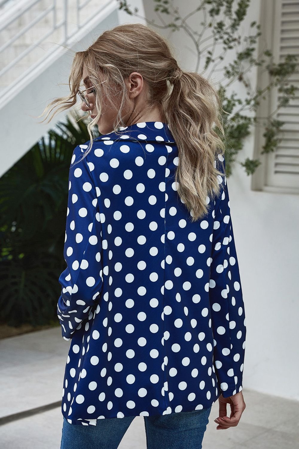 Polka dot open front long sleeve blazer