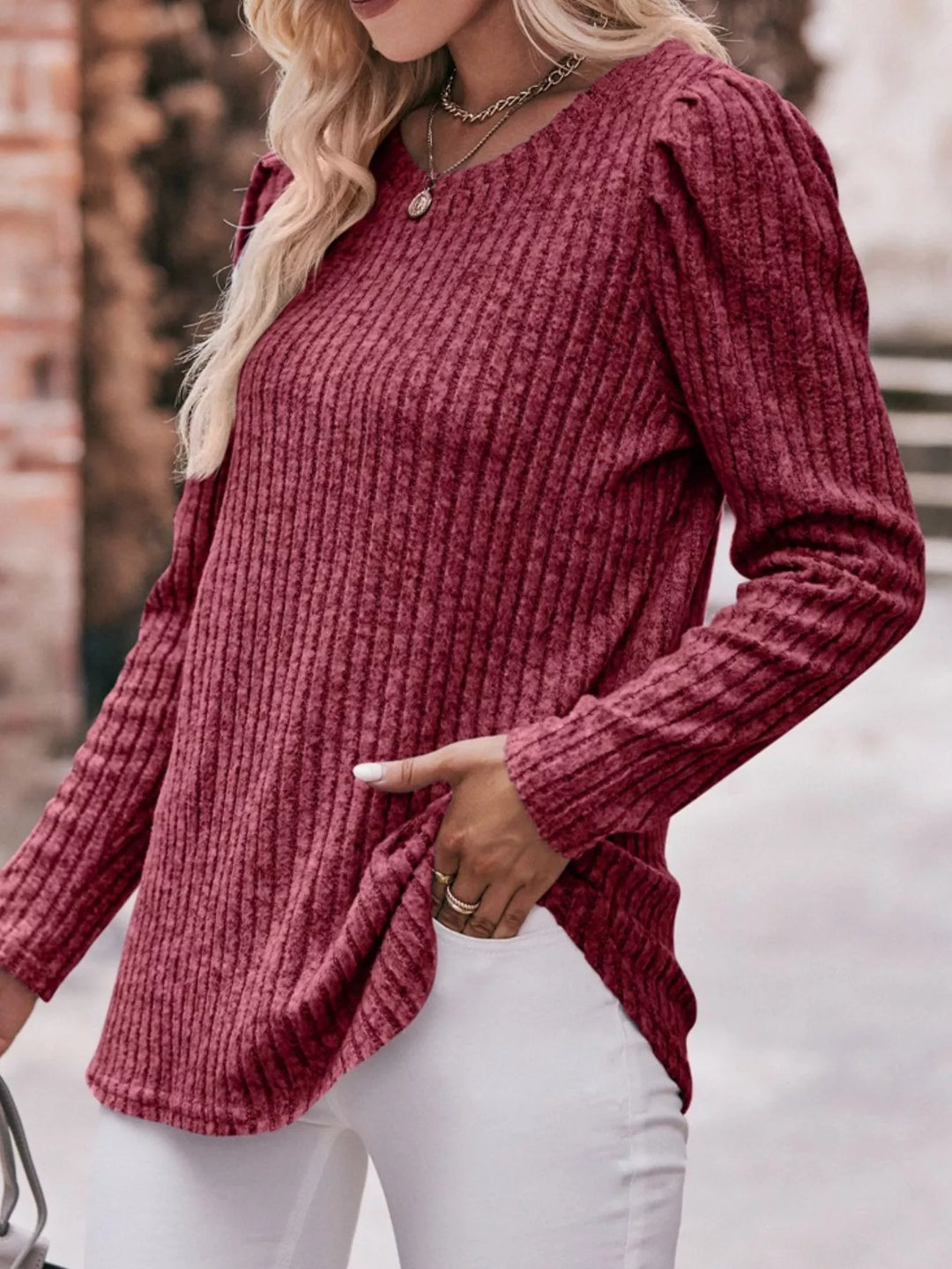 Burgundy Ribbed knit long sleeve top with puff shoulders