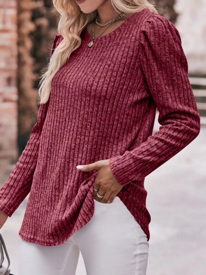 Burgundy Ribbed knit long sleeve top with puff shoulders