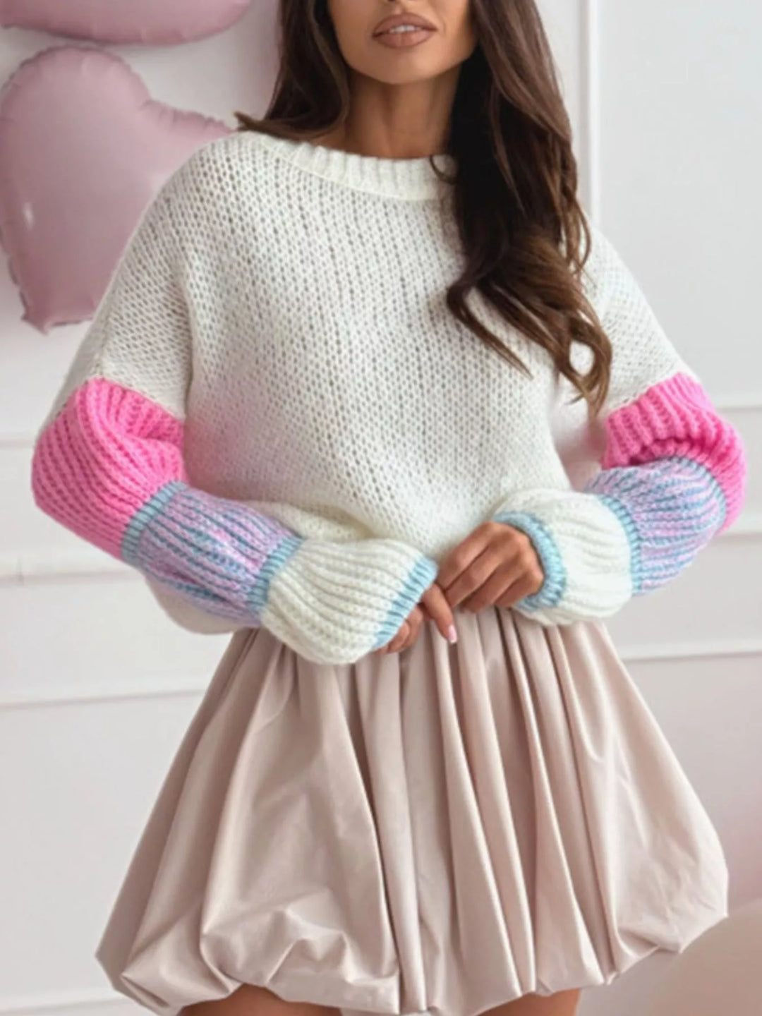 Color-block open-knit crew neck pullover sweater