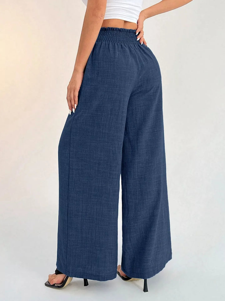 High-rise wide leg pants with smocked waistband
