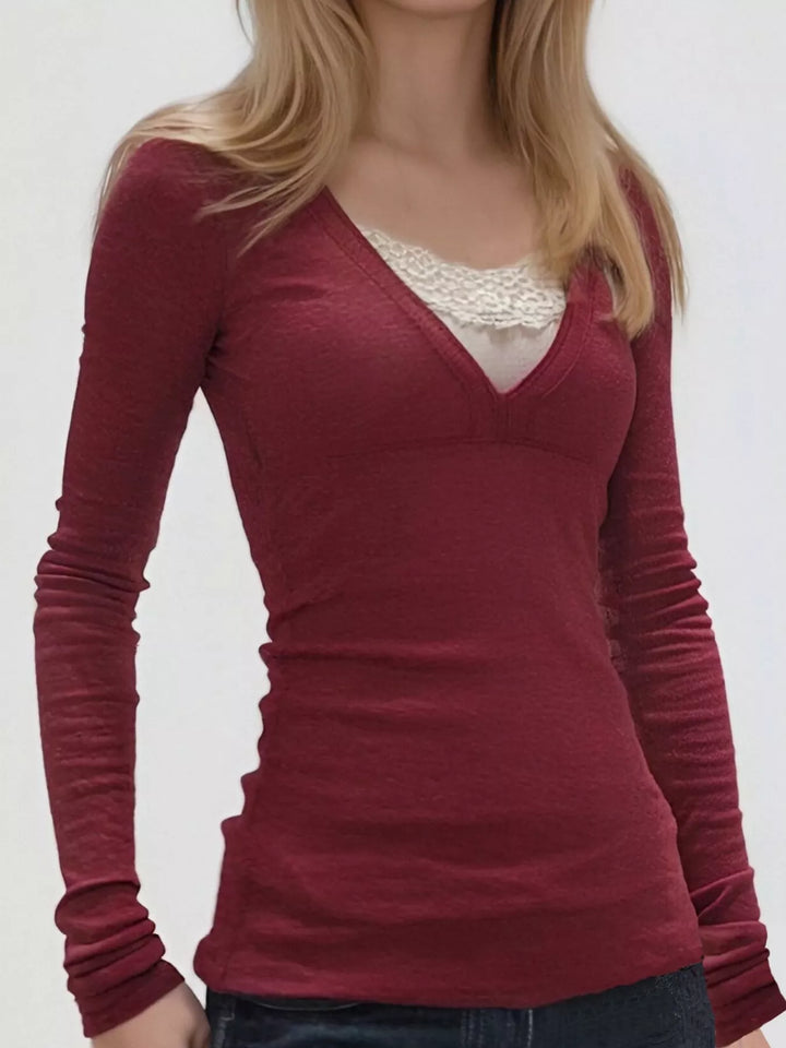 Deep Red Long sleeve V-neck top with lace trim neckline