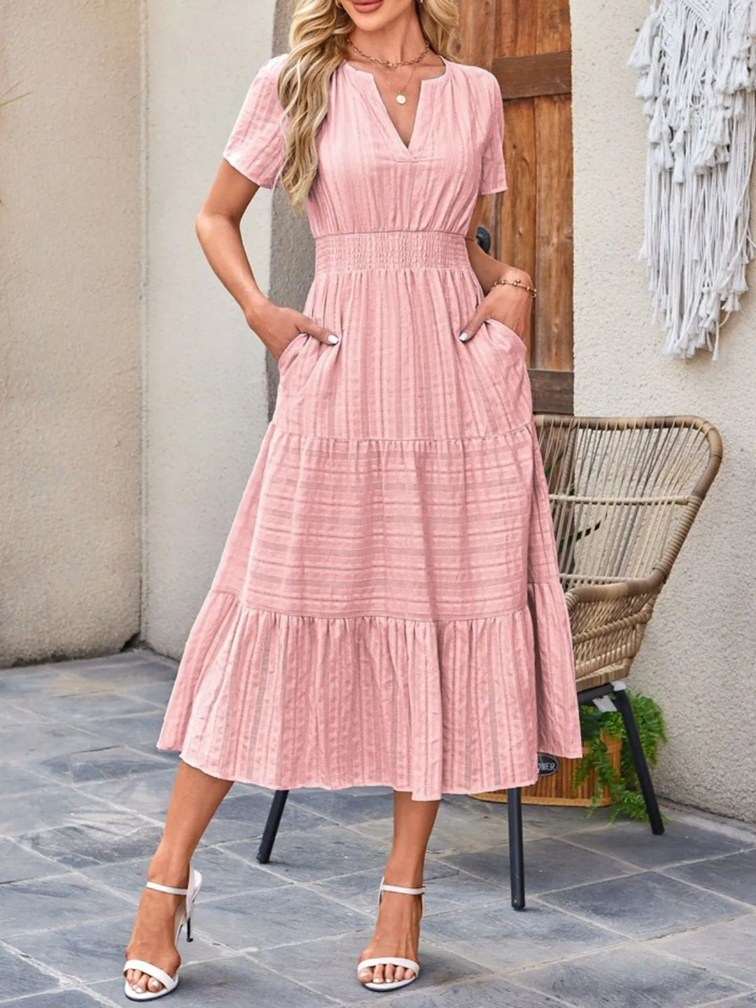 Blush Pink Tiered notched neck short sleeve midi dress with pockets
