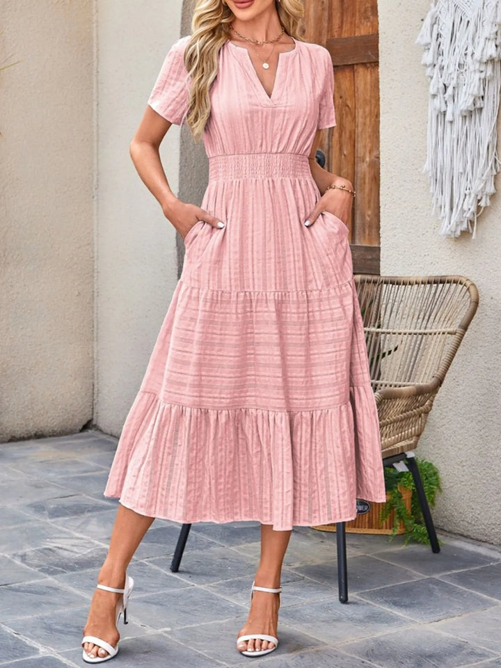 Blush Pink Tiered notched neck short sleeve midi dress with pockets