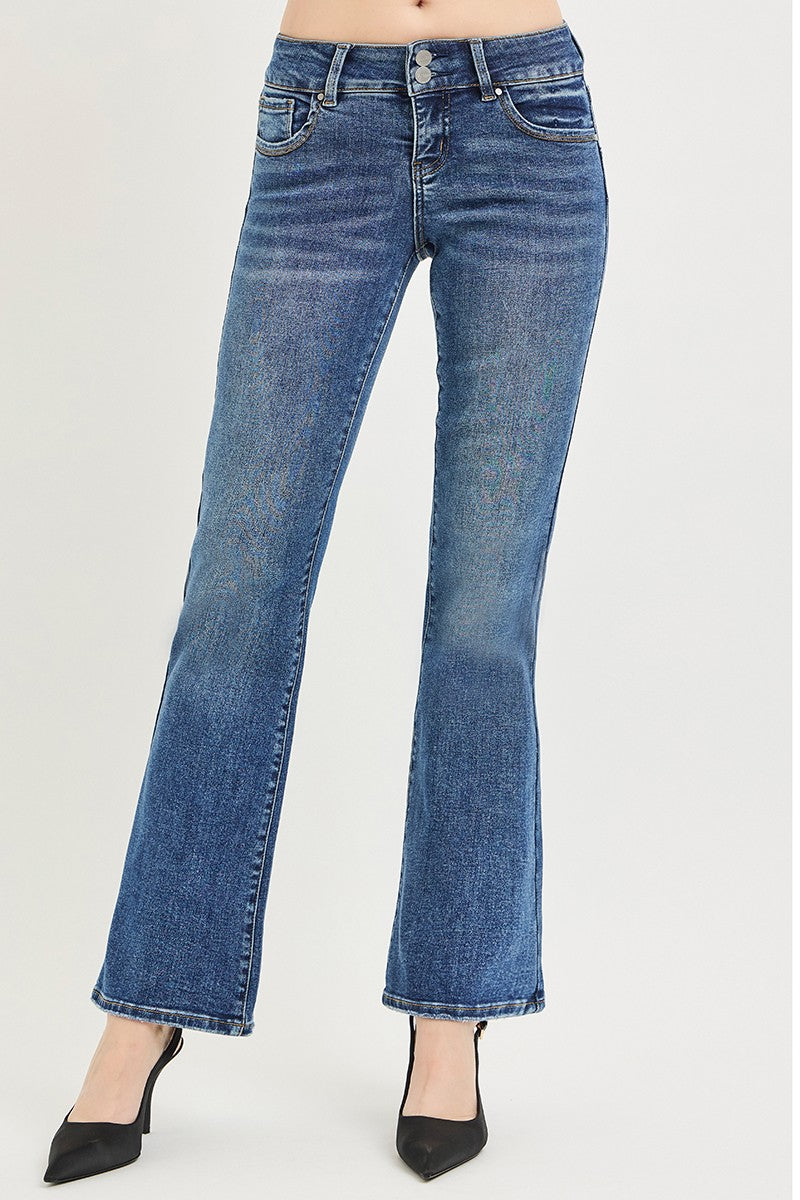 Tummy control low-rise bootcut jeans with double-button waistband