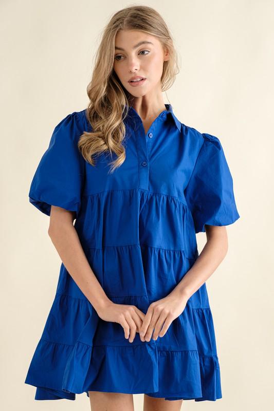 Button Up Tiered Puff SLV Shirt Dress - Azoroh