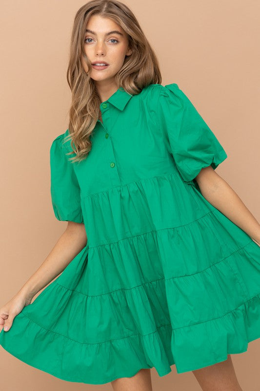 Button Up Tiered Puff SLV Shirt Dress - Azoroh