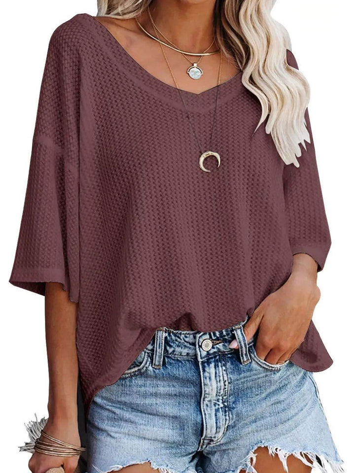 Maroon Waffle knit v-neck drop shoulder short sleeve tee