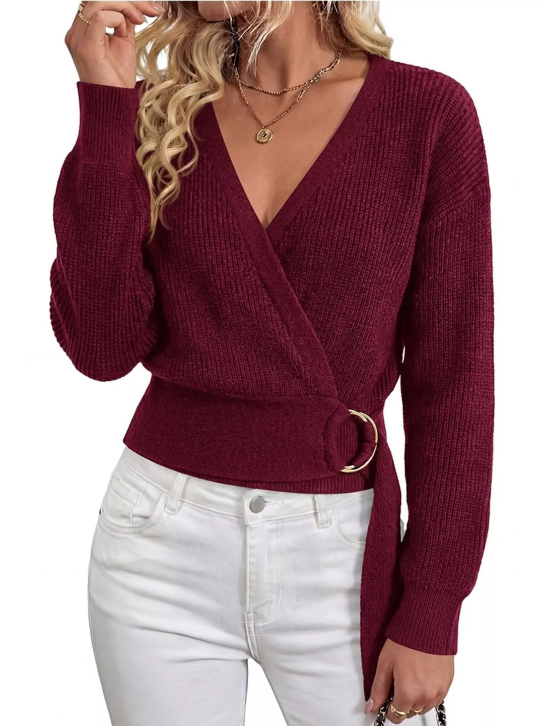 Ribbed knit wrap sweater with gold O-ring belt tie