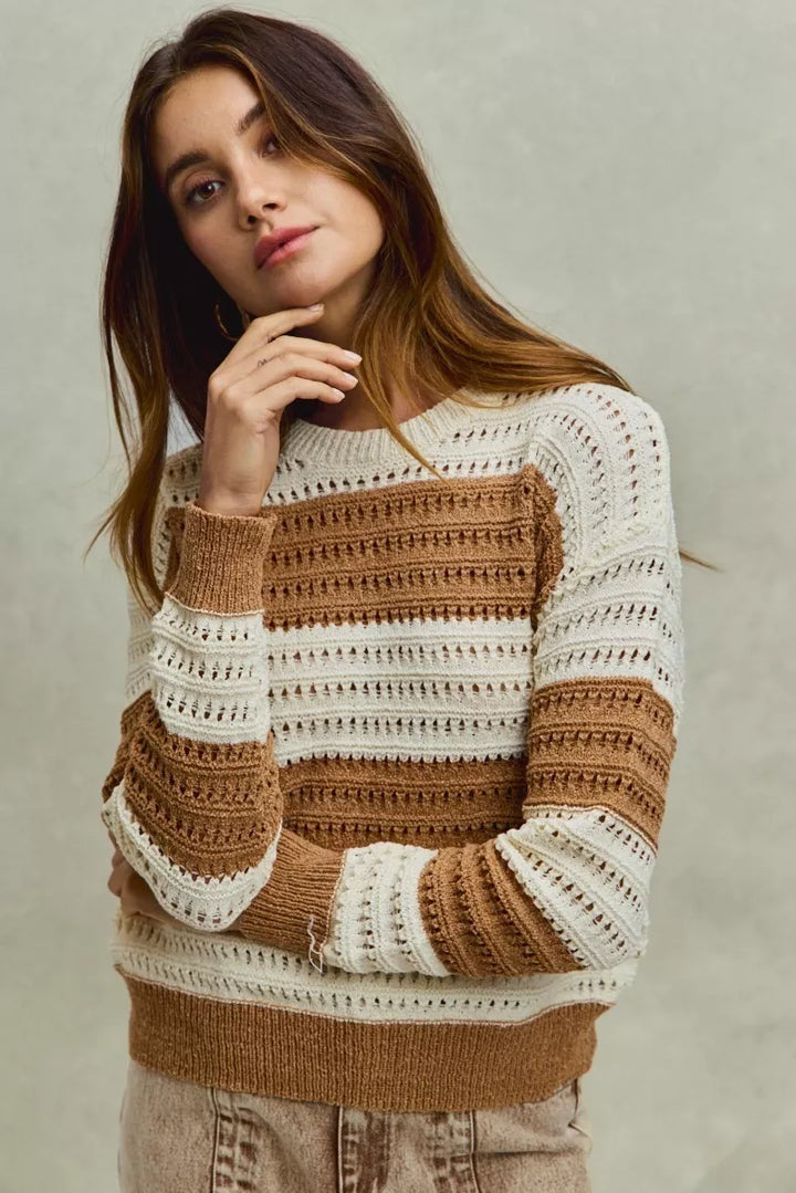 Openwork wide stripe textured knit crewneck sweater