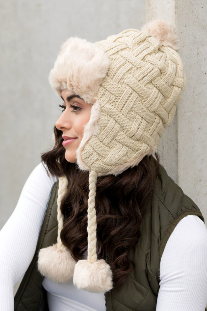 Cable Weave Pom Trapper Hat - Azoroh