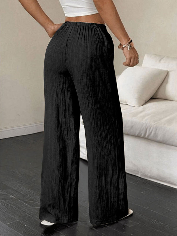 Crinkle textured wide leg pants with drawstring waist