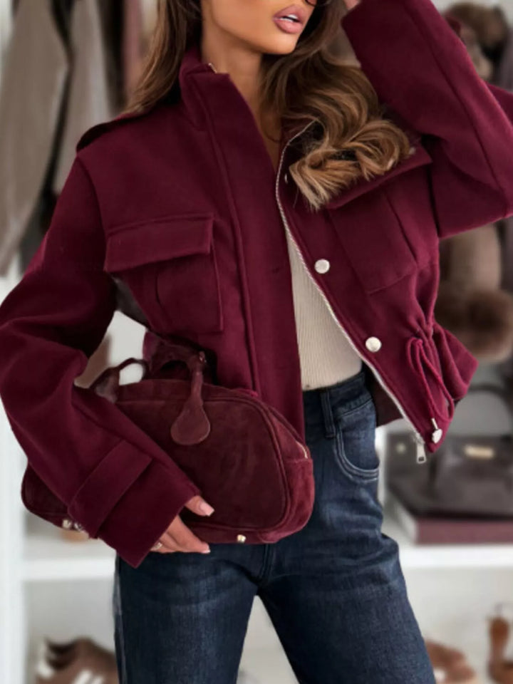 Wine Red Drawstring waist button-up cropped jacket