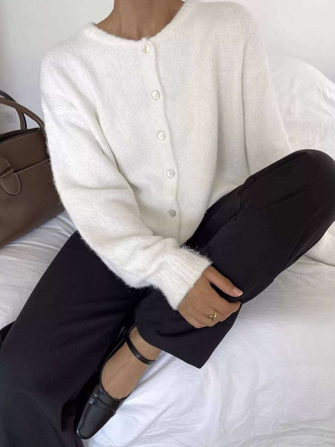 White Brushed knit button-up cardigan with ribbed crew neck