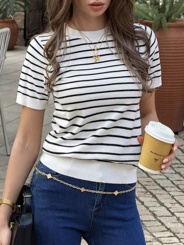 Black Striped short sleeve knit top with ribbed crew neck