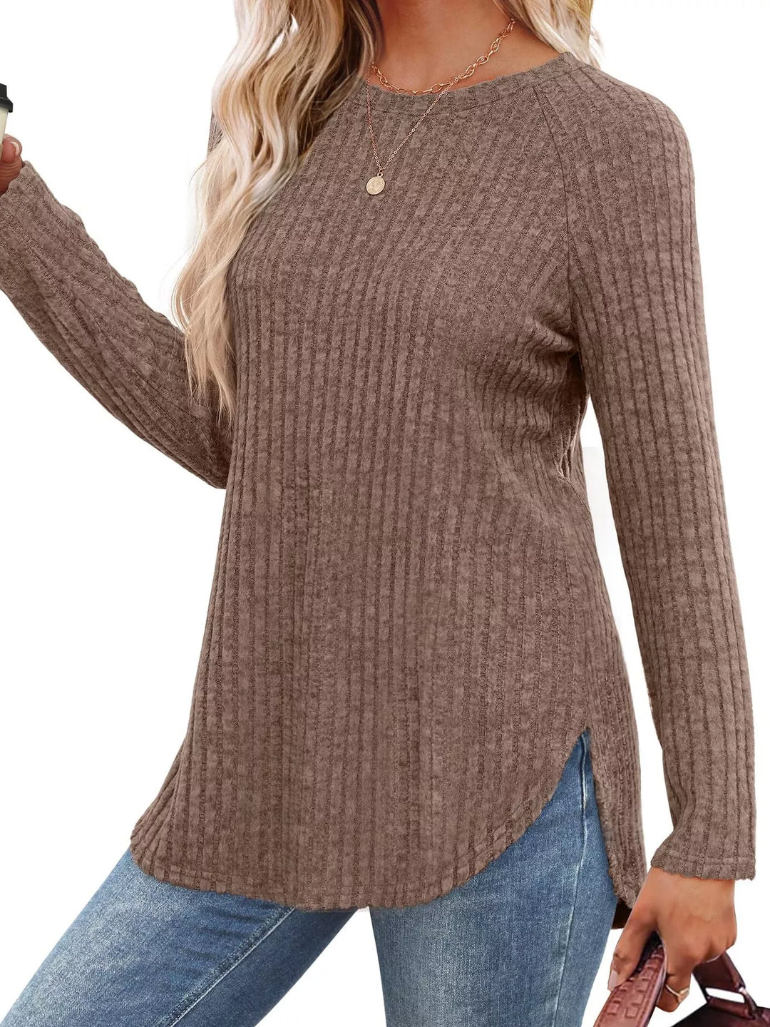 Ribbed knit crew neck long sleeve top with curved hem