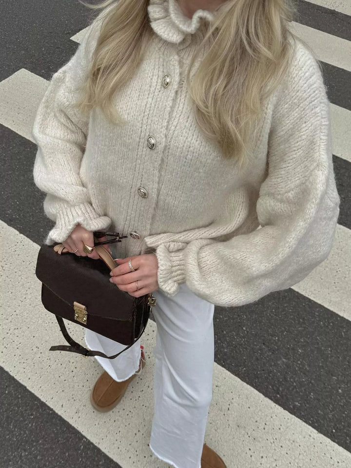 Frill collar button-down knit cardigan with ribbed cuffs
