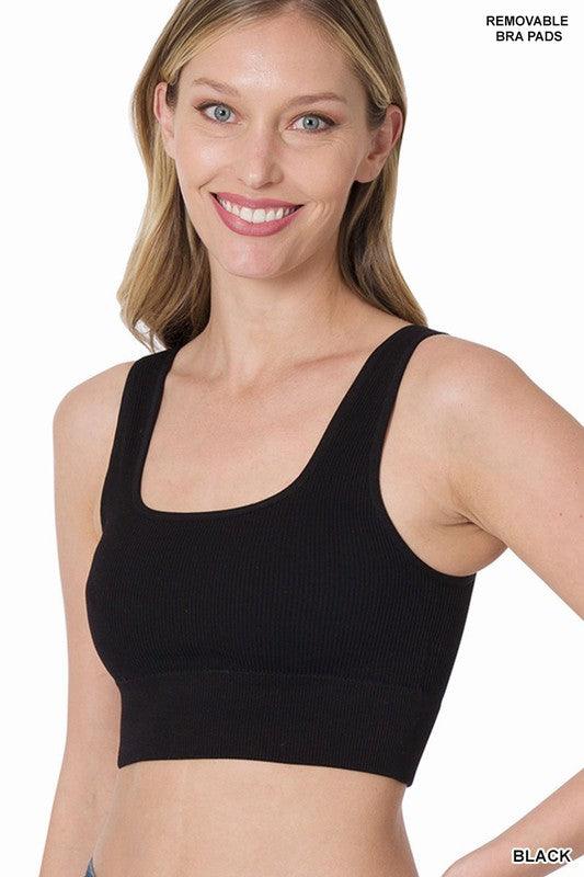 Ribbed Square Neck Cropped Tank Top with Bra Pads - Azoroh