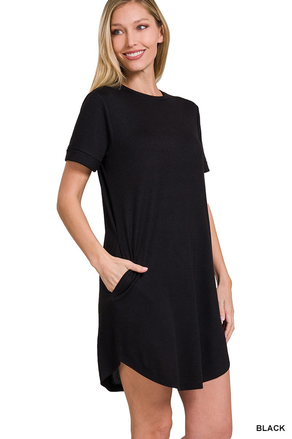 Rolled Short Sleeve Round Neck Dress - Azoroh