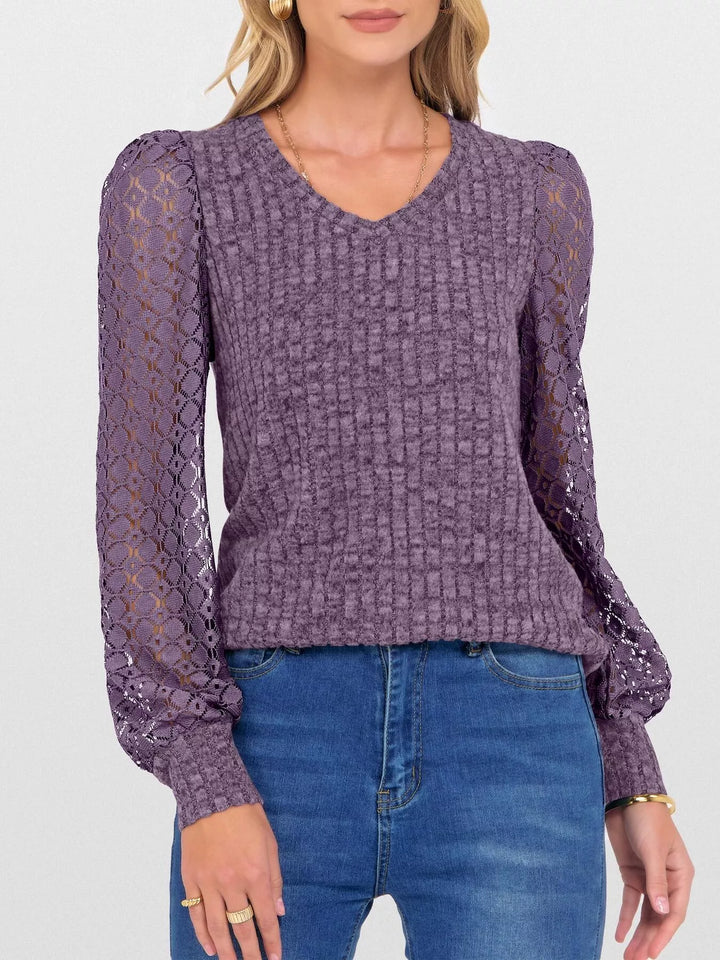 Purple Sheer lace sleeve ribbed knit V-neck top