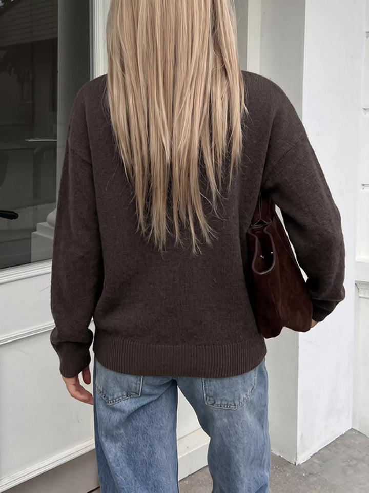 Crew neck button-up knit cardigan with patch pockets