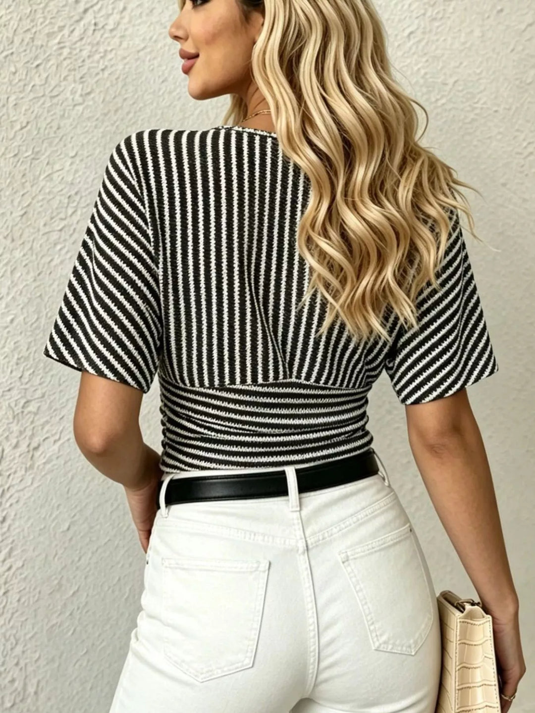 Striped surplice wrap V-neck short sleeve crop top