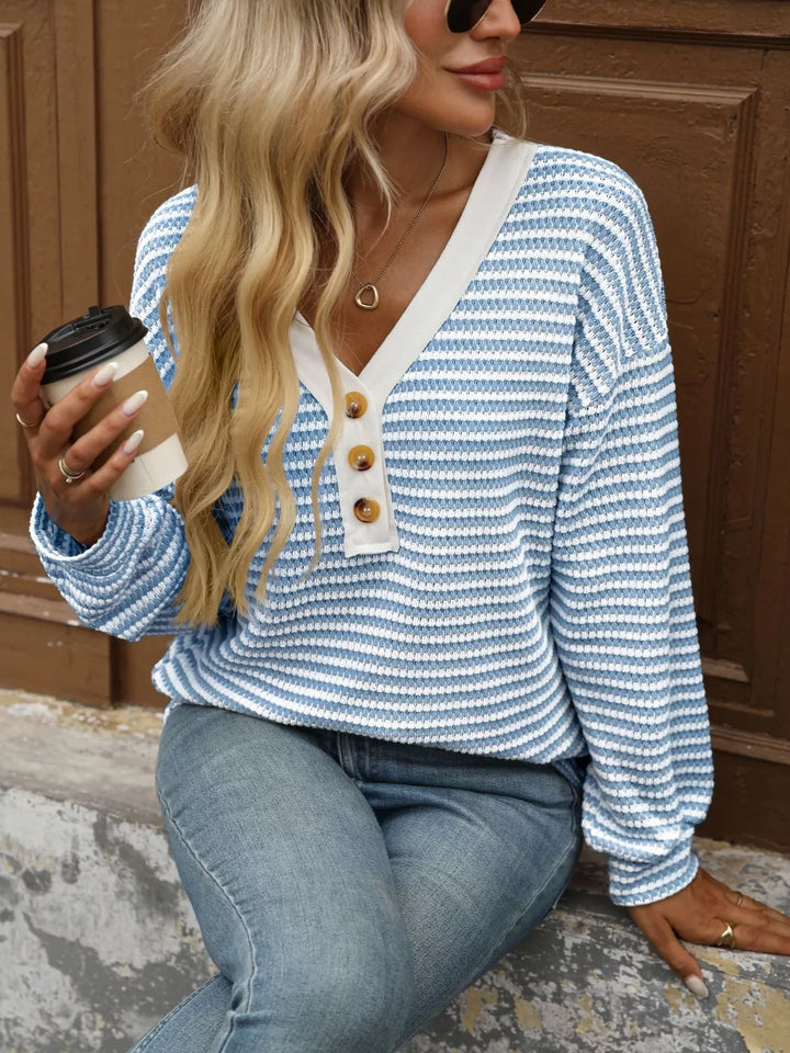 Striped waffle knit henley top with button placket
