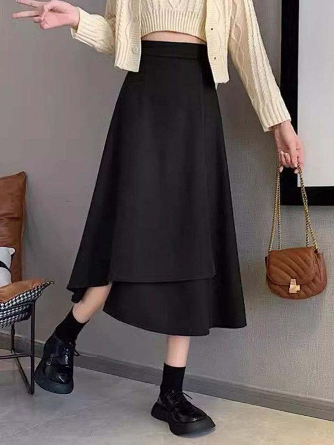 Asymmetrical layered hem high-waist A-line midi skirt