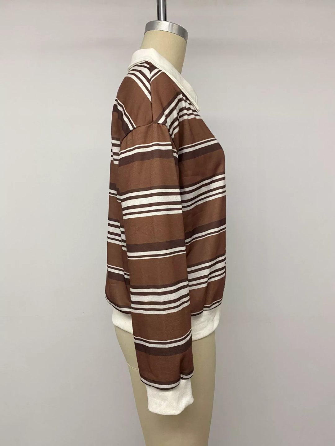 Striped drop shoulder polo sweatshirt with button placket