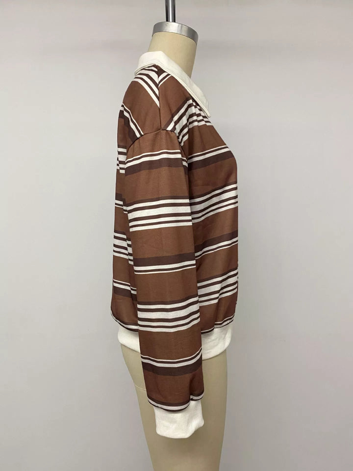 Striped drop shoulder polo sweatshirt with button placket