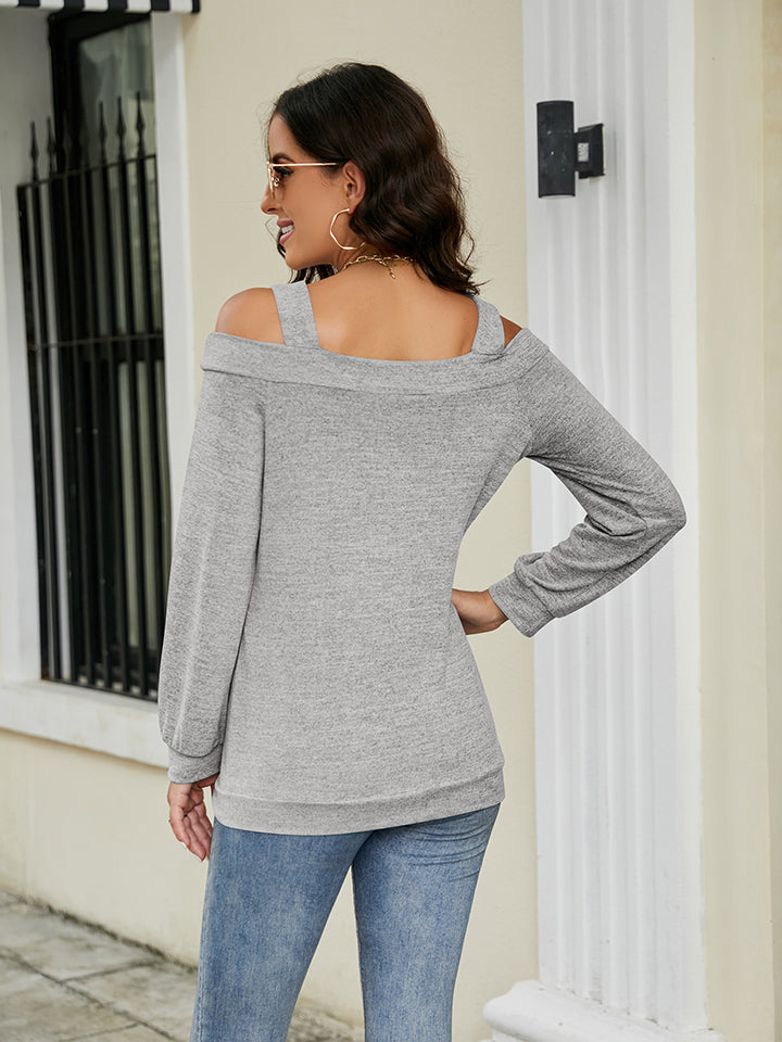 Cold-shoulder cutout square neck long sleeve knit top