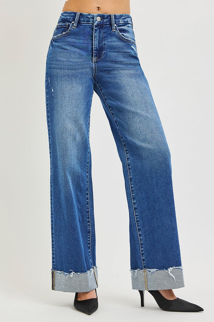High rise wide leg jeans with raw cuffed hem