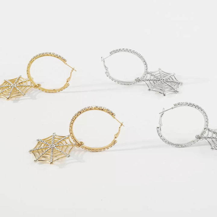 Rhinestone spider web dangle hoop earrings