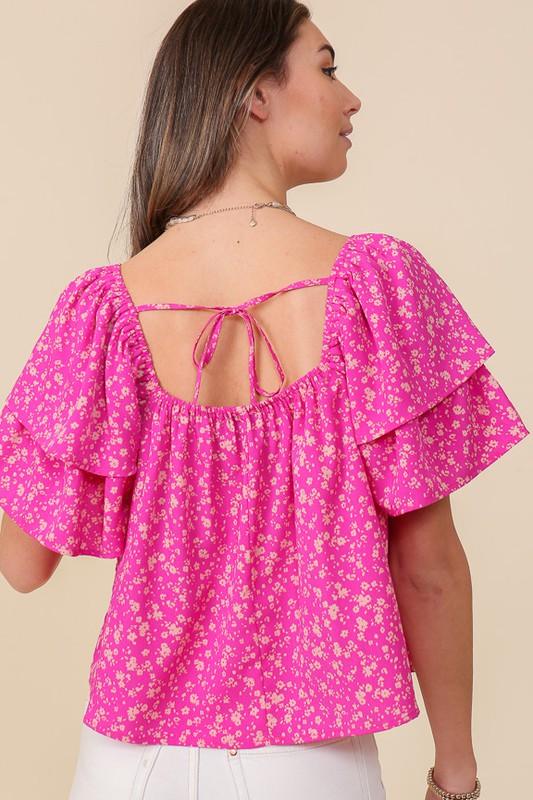 Smocked Square Neck Floral Blouse With Open back - Azoroh
