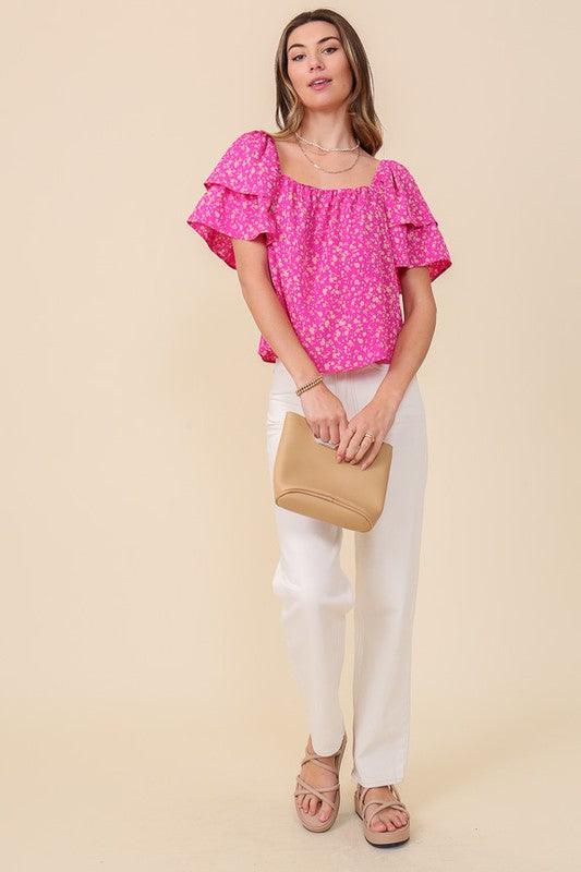 Smocked Square Neck Floral Blouse With Open back - Azoroh