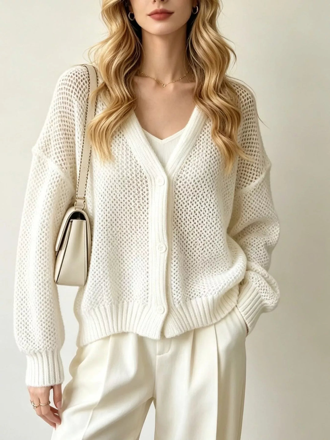 White Open-knit V-neck button-front cardigan with ribbed trim