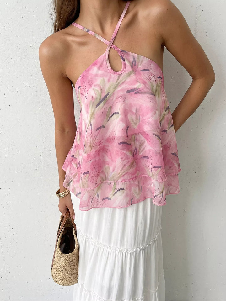 Floral halter cami with keyhole cutout and tiered ruffle hem