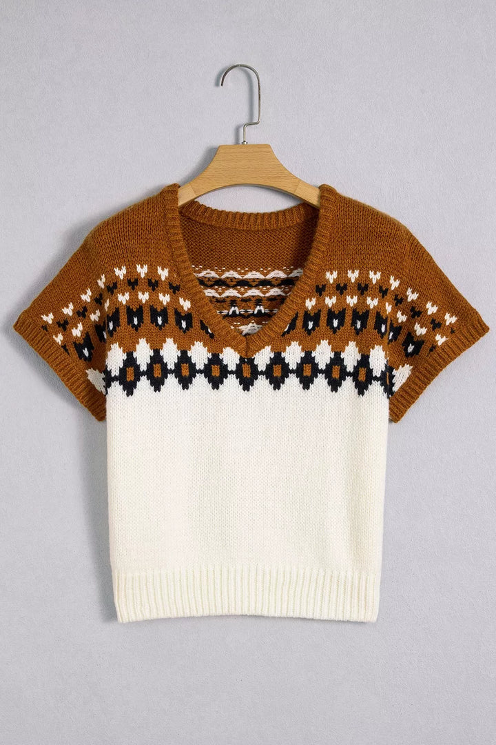 Geometric fair isle short sleeve V-neck sweater