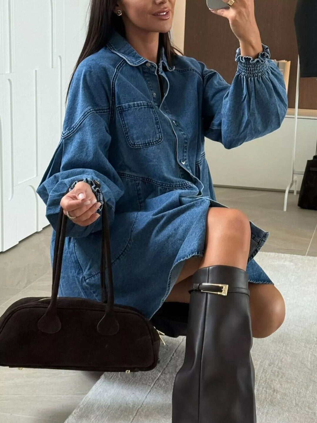 Button-down denim shirt dress with puff sleeves and pockets