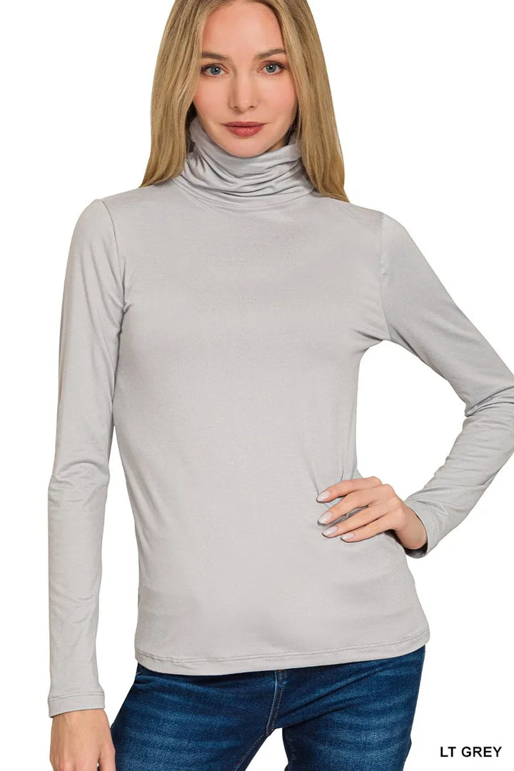 LT GREY Slouchy mock neck long sleeve microfiber top