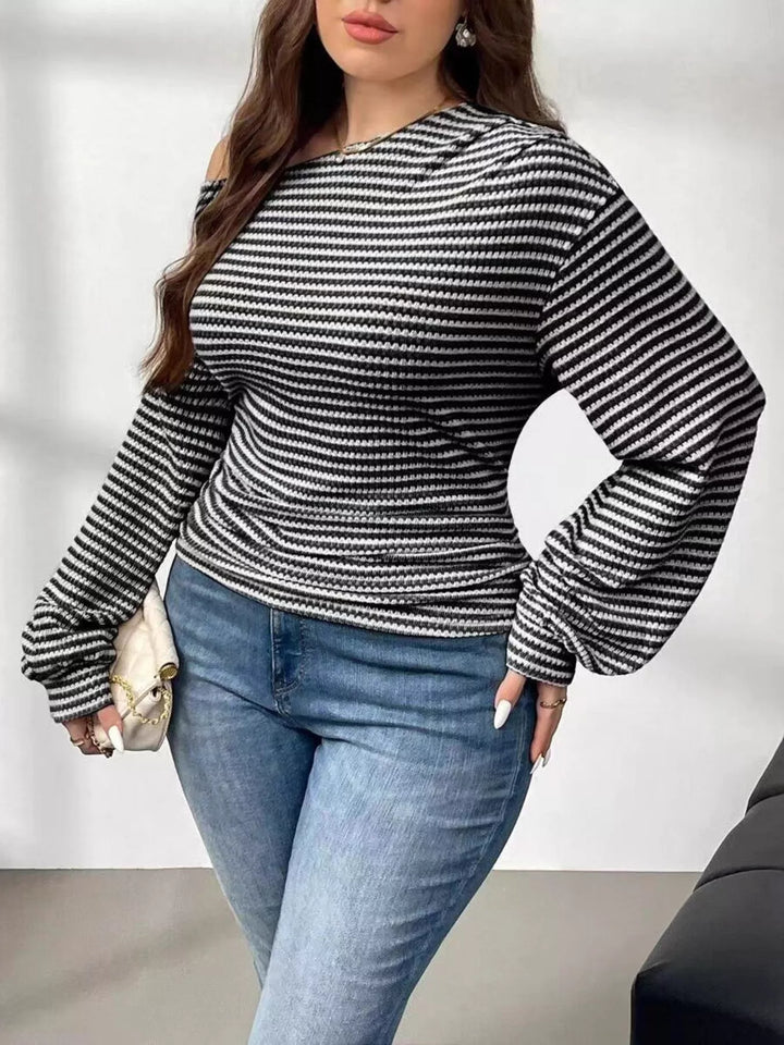 Striped ribbed knit one-shoulder top with long blouson sleeves