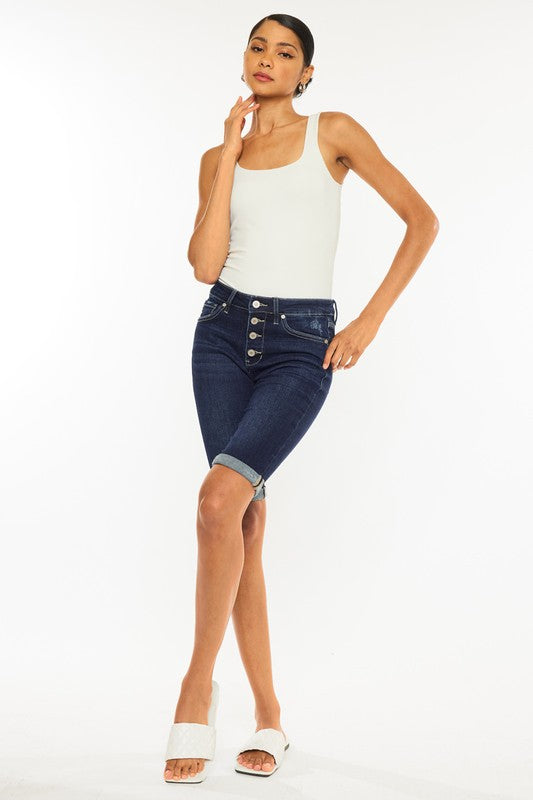 Parkway High Rise Button Front Cuffed Bermuda Shorts