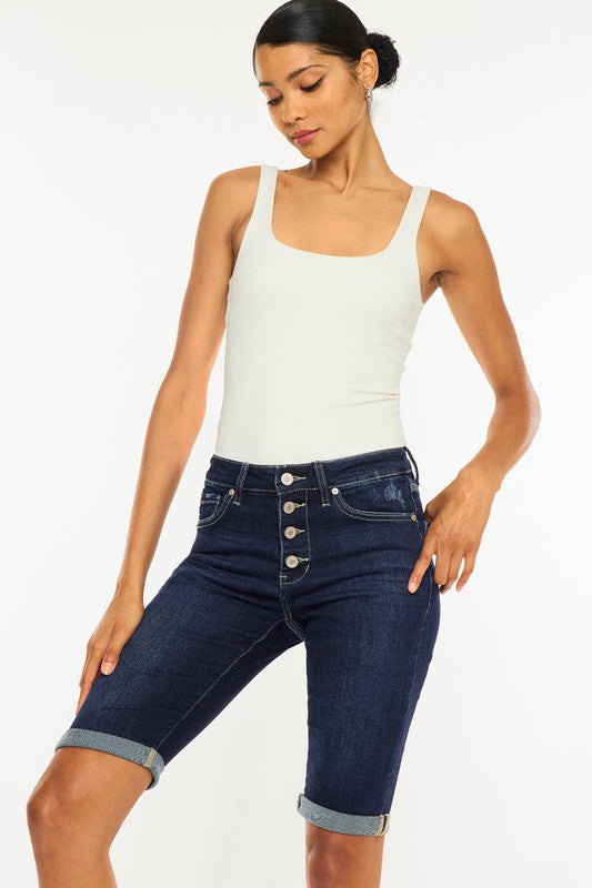 Parkway High Rise Button Front Cuffed Bermuda Shorts