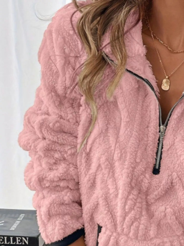Textured sherpa half-zip pullover with contrast trim