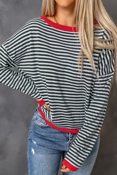 Stripe Contrast-trim striped drop-shoulder long sleeve knit top